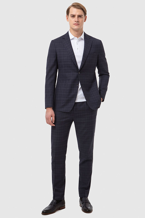 Костюм из шерсти в клетку с брюками на кулиске с водоотталкивающей обработкой, устойчивый к загрязнениям, цвет Синий